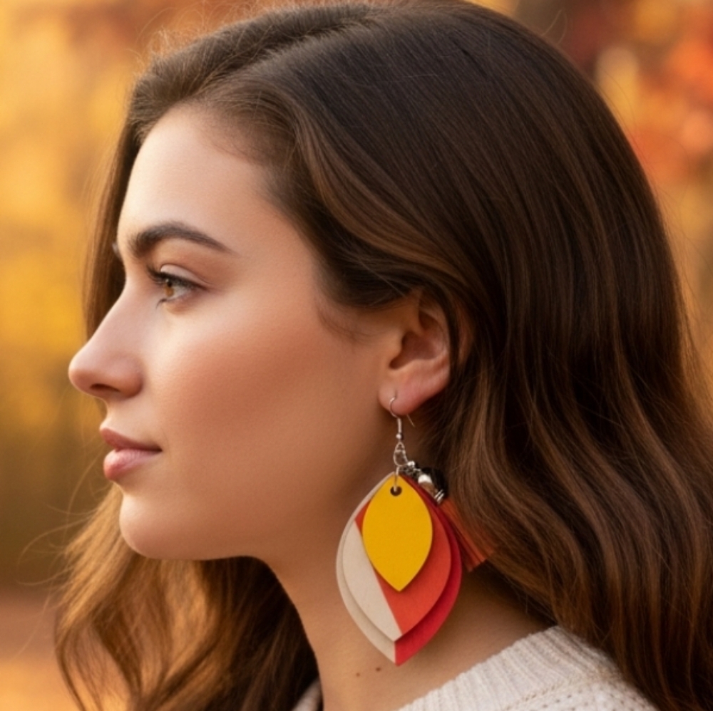ARTISAN & HANDCRAFTED 2.5" Wood Leaf Tiered Dangle Pierced Earrings W/ Tassles